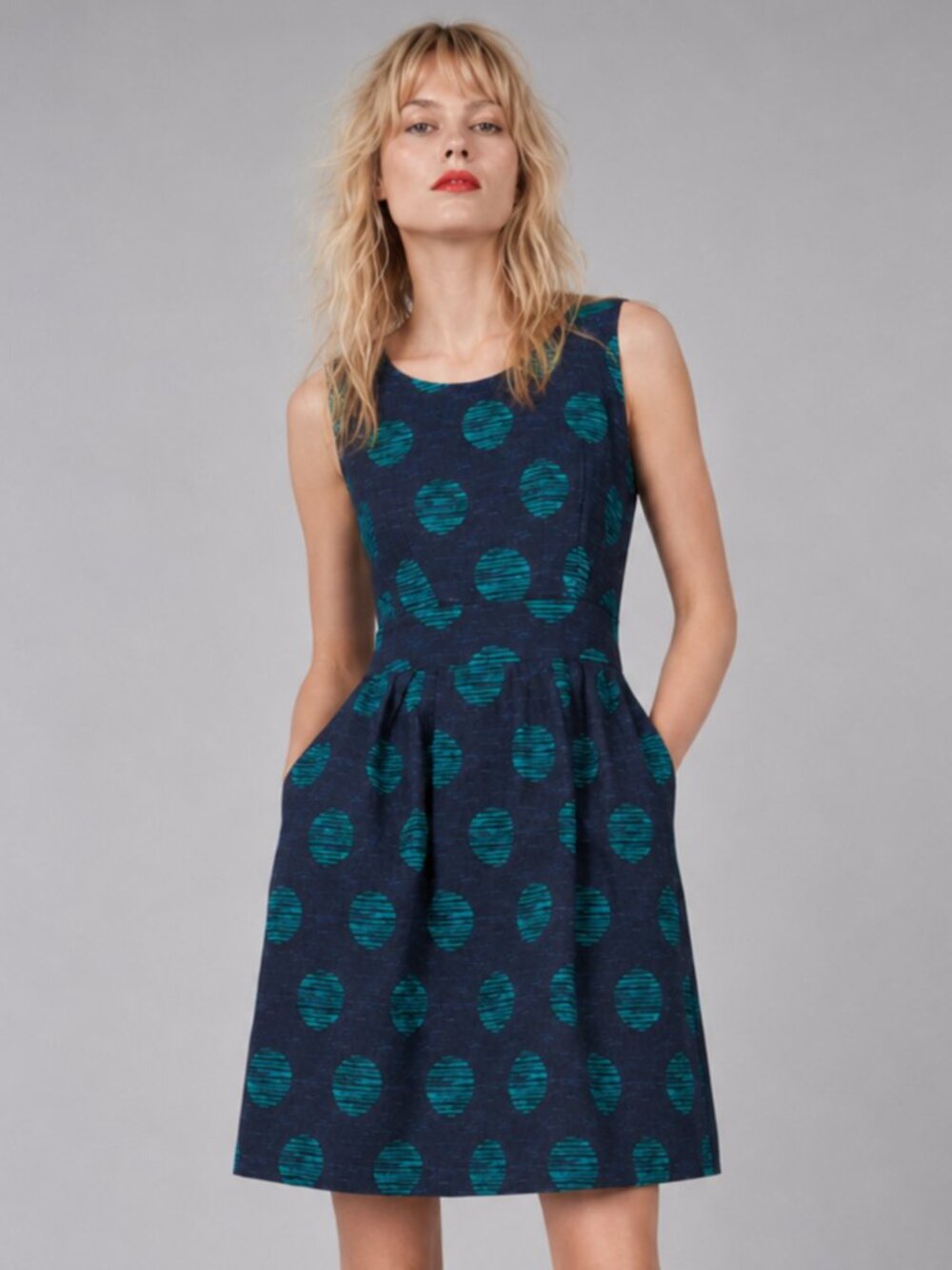 B.R. Linen Green Polka Dot Navy Blue Dress Y2K Coastal